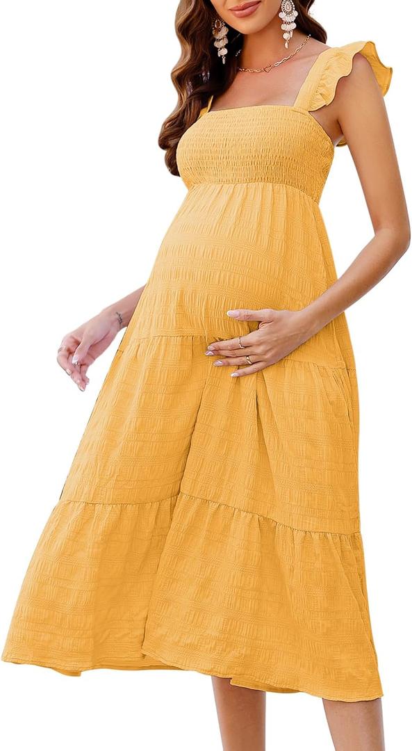 KOJOOIN Womens Maternity Dress Summer Sleeveless Smocked Square Neck Ruffle Casual Boho Midi Dress Baby Shower Photoshoot (Small, Yellow)