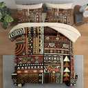 Comforter Set Queen Size, Vintage Tribal African 7 Pcs Bedding for Kids and Adults, Brown Abstract Patchwork Bed Sheet Sets with Fitted Sheet 2 Pillowcases & 2 Shams