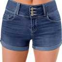 roswear Women's High Waisted Stretchy Denim Shorts Cuffed Jean Shorts (Large, Blue)