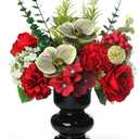 Artificial Flower in Black Glass vase, Red Roses,Carnations, Orchids, Artificial Roses in vase,11 x 11 x 16 inches (BGV-Red)
