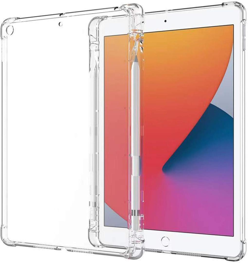Clear Case for New iPad 10.2 7th/8th/9th Generation 2021/2020/2019 with Pencil Holder, Shockproof Thin Slim Transparent Flexible TPU Gel Silicon Back Cover Protective Shell Fit iPad 10.2 Inch