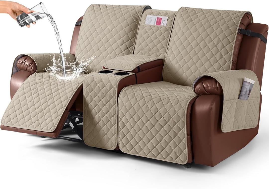 KinCam 100% Waterproof Recliner Loveseat Cover with Console, Non-Slip Reclining Couch Covers for 2 Seat, Recliner Sofa Cover Furniture Protector with Elastic Straps for Kids, Pets, Khaki