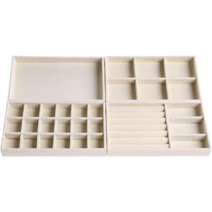 Velvet Jewelry Organizer for Drawer, Stackable Jewelry Drawer Inserts in Dresser, 8in Beige Storage Display Case for Rings Stud Necklaces Accessories, Set of 4
