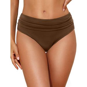 Tempt Me Women Mid Rise Bikini Bottoms Full Coverage Swimsuit Ruched Scrunch Swim Bottom (Small, Brown)