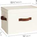 StorageWorks Fabric Storage Bins with Lid, Decorative Storage Boxes for Shelves, Stackable Closet Organizer Basket with Handles, Large, Ivory White, 2-Pack
