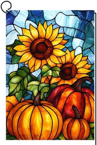 Fall Pumpkin Garden Flag Autumn flags 12x18 Inch Double Sided Small Stained Glass Thanksgiving Yard Flag for Outside Decorations