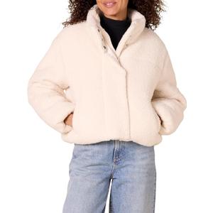 Amazon Essentials Women's Cropped Full-Zip Puffer Jacket (Quilted Matte or Sherpa Fleece) (X-Large, Cream Teddy Sherpa)