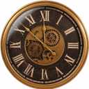 Large Real Moving Gears Wall Clock 24 Inch,Roman Antique Brass Brown
