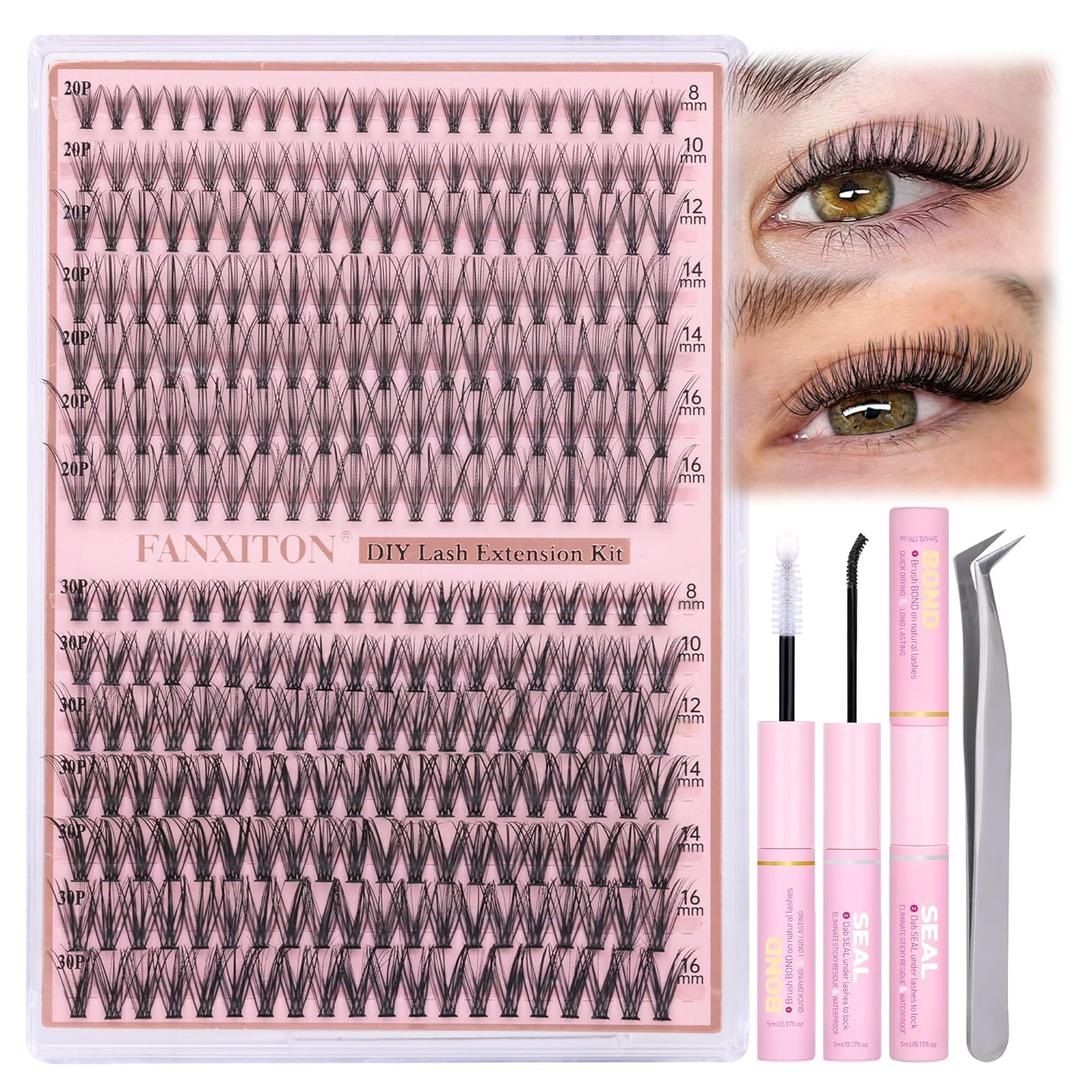 Natural DIY Lash Extension Kit Wispy Lash Clusters D Curl Individual Lashes 20D+30D 280Pcs Lash Clusters Kit 8-16mm Eyelash Extension Kit by FANXITON
