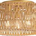 Rattan Ceiling Light Fixture, 3 Light Bohemian Modern Woven Ceiling Light, Boho Flush Mount Ceiling Light for Bedroom Living Room Dining Room, Bulb NOT Included (Gold)