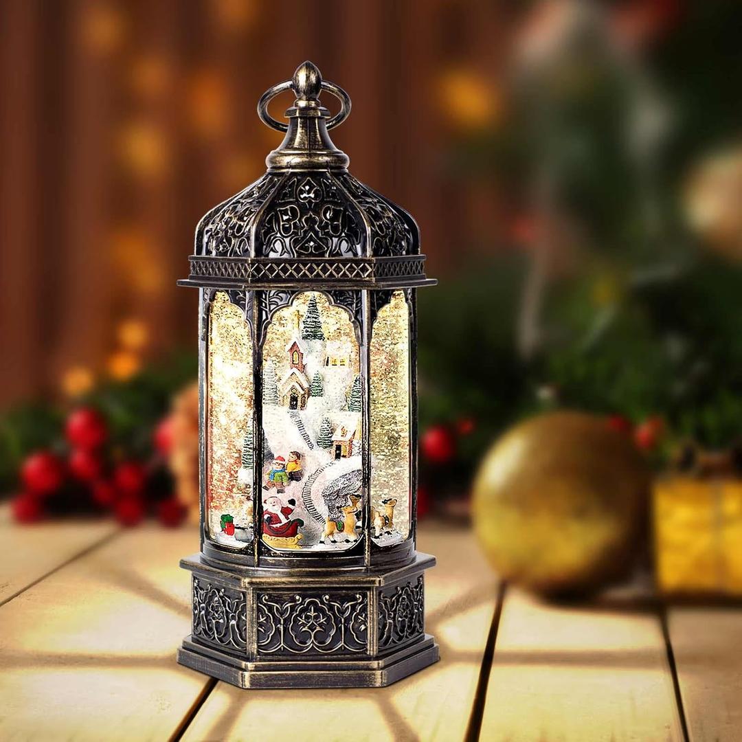 Christmas Snow Globes with Music,6H Timer Cylindrical Flashing Snow Ball,Bronze Musical Box Including 8 Songs,Glitter Snowflakes Lantern with Christmas Tree Xmas Snow Mountain Decor Gift (Color-10)