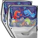Car Window Shade for Baby, 2 Pack Car Sun Shades with Storage Net Pocket Auto Window Curtain 7 Suction Cups Blue Dinosaurs for Sun/Heat/UV Rays Protection Kids