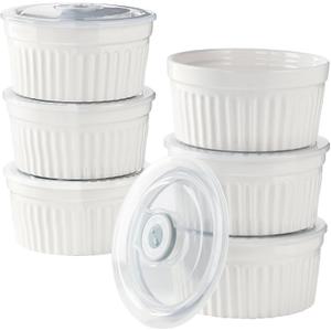 8 oz Porcelain Ramekins with Lids [Set of 6] - Creme Brulee Souffle Ramekin Bowls with Date Tracking Lids, Oven Safe Custard Cups for Baking, Pudding, Desserts, White