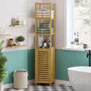 VIAGDO Storage Tall Slim Cabinet with Shutter Door and 3 Tier Shelves, Freestanding Linen Tower Cabinet for Living Room, Kitchen, Bathroom Organizer, Natural Bamboo, Small
