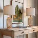 OYEARS 21" Boho Table Lamps Set of 2 for Living Room, Bedside Lamps for Nightstand, Rattan Lamp for Bedroom, Farmhouse Table Lamps for Boho Decor, End Table, Retro, Brown