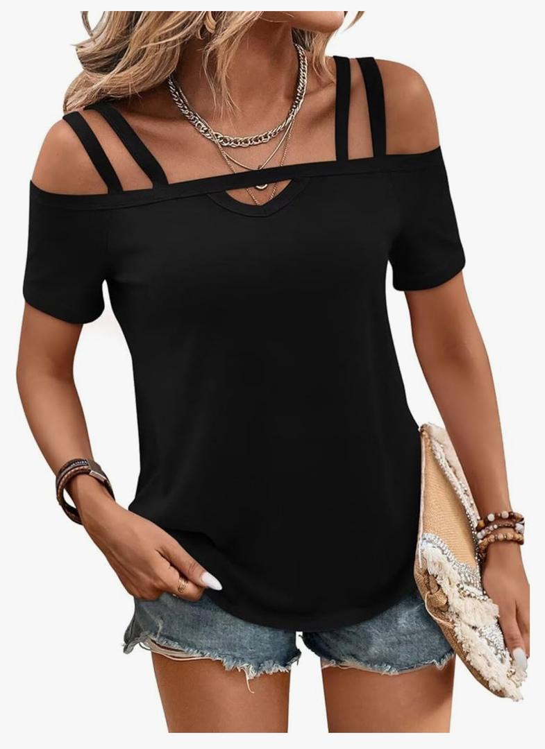 Bliwov Womens Cold Shoulder Tops Short Sleeve Cute Sexy Summer Spring Beach Vacation T Shirts Fashion Outfits Basic Clothes XL