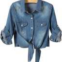AMEBELLE Women's Roll Up 3/4 Sleeve Tie Front Knot Shirt Chambray Denim Crop Top XXL