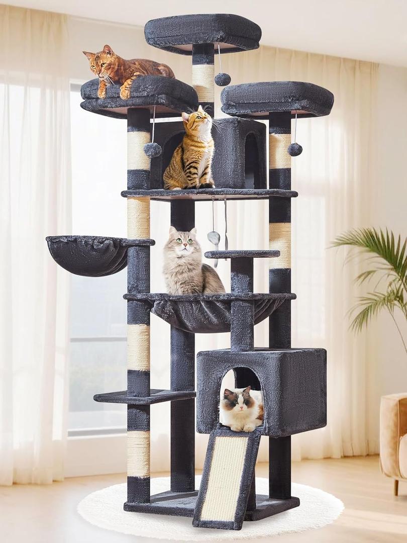 Taoqimiao 76-Inch Cat Tree XXL for Large Cats, Giant Cat Tower with Scratching Board, Extra-Large Metal Hammock, 3 Perches, 7 Sisal Posts, 2 Big Condos, Hanging Basket, Smoky Gray, MS047G