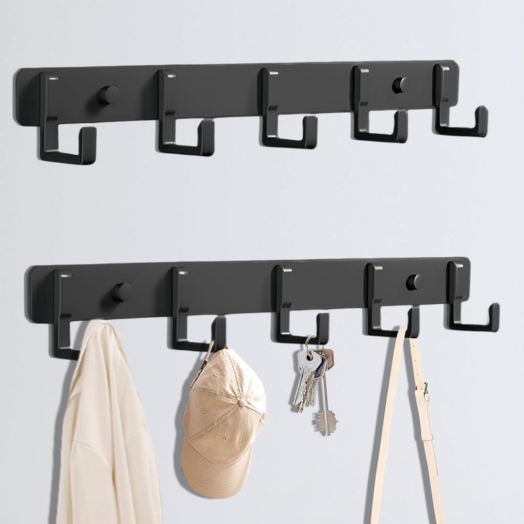 2 Packs Coat Rack Wall Mounted Black Coat Hanger with 5 Hooks Heavy Duty Wall Coat Hooks Load Capacity 33 Lbs Robe Hooks Rust-Free Clothes Hook with Screws for Coat and Towel