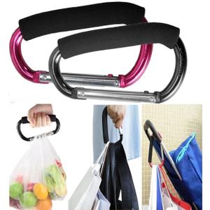 Large Stroller Hooks for Mommy, 2 pcs Carabiner Stroller Hook Organizer for Hanging Purses, Diaper Bag, Shopping Bags. Clip Fits Single/Twin Travel Systems, Car Seats (Black+Rose)