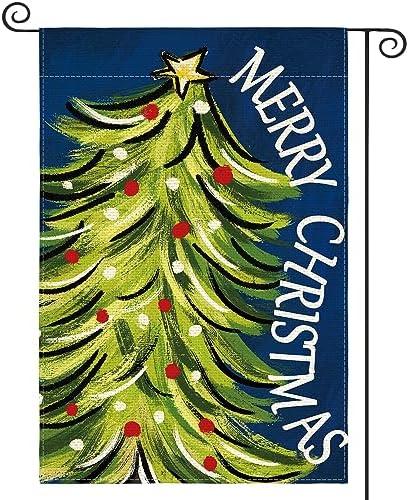 AVOIN colorlife Blue Merry Christmas Garden Flag 12x18 Inch Double Sided, Christmas Tree Xmas Winter Holiday Yard Outdoor Decorative Flag Pack of 3
