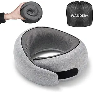 WANDER PLUS® Travel Pillow, 100% Pure Memory Foam Travel Neck Pillow Airplane Neck Support Ergonomic Design Best for Sleeping Plane Car Train Office Flight for Adults Grey