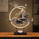 Backflow Incense Waterfall Fountain Burner with Adjustable LED Light Ring,Resin Rockery Landscape Ornament insence-Stick Holder,Compatible with Cone and Stick Incense (Grayish Green)