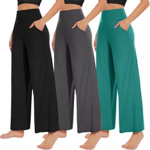 NEW YOUNG 3 Pack Women's Wide Leg Pants with Pockets High Waist Loose Sweatpants Casual Lounge Yoga Workout Palazzo (Medium, Black,charcoal Heather,green)