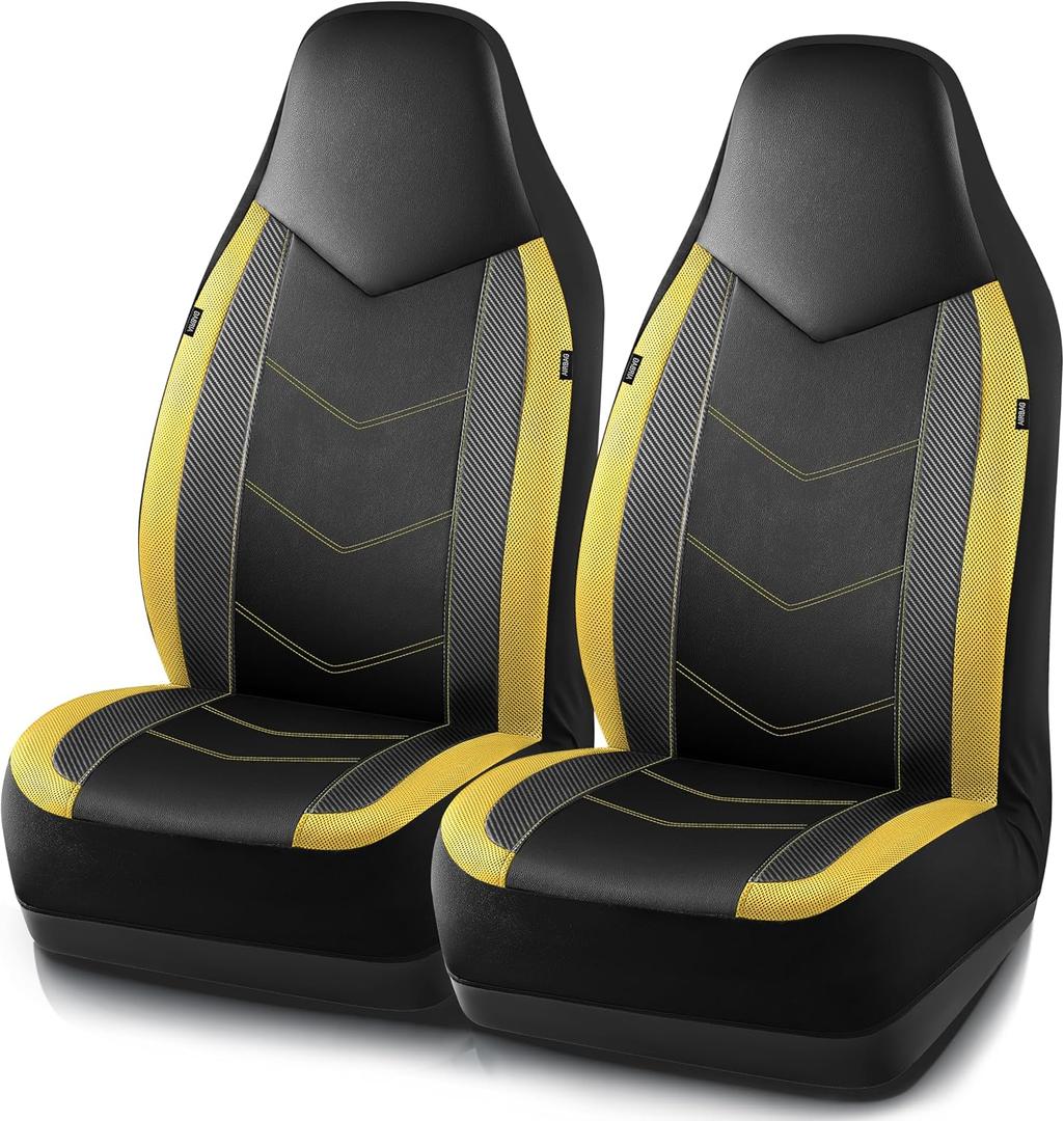 PIC AUTO Leather Car Seat Covers, Sports Carbon Fiber & Mesh Design, High-Back Two Front Set, Waterproof Automotive Seat Covers, Airbag Compatible, Universal Fit for Most Cars (Black & Yellow)