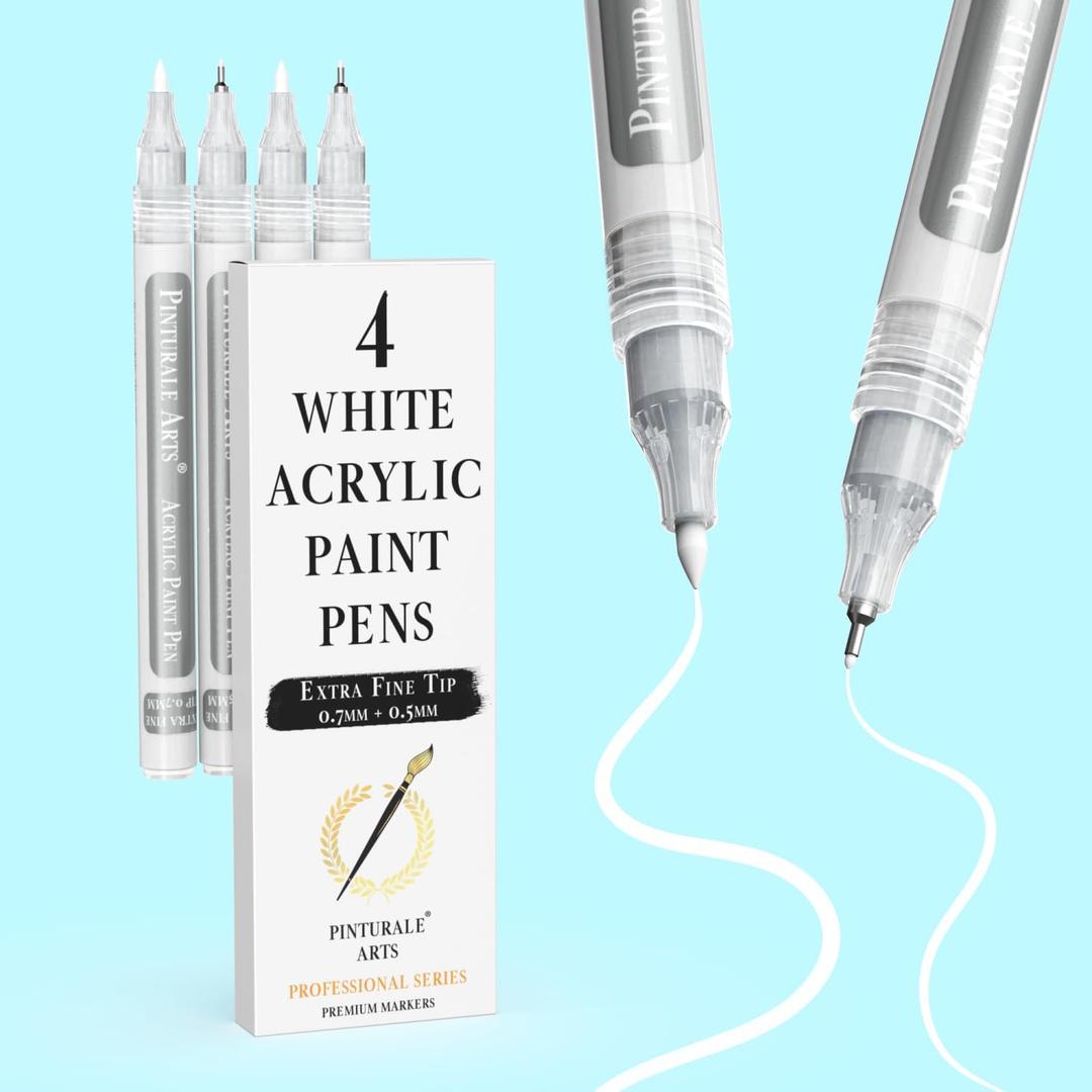 Pinturale Arts White Paint Pens Extra Fine Point | Set 4 White Acrylic Paint Pen Extra Fine Tip (0.7mm & 0.5mm) | For Black Paper, Ceramics, Rock Painting, Glass, Wood, Canvas, Metal