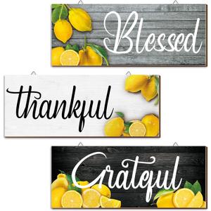 Amyhill 3 Pieces Lemon Wall Decor Grateful Thankful Blessed Art Signs Lemon Decorations for Home Wall decor for Front Door Farmhouse Wooden Signs for Kitchen(Multicolor)