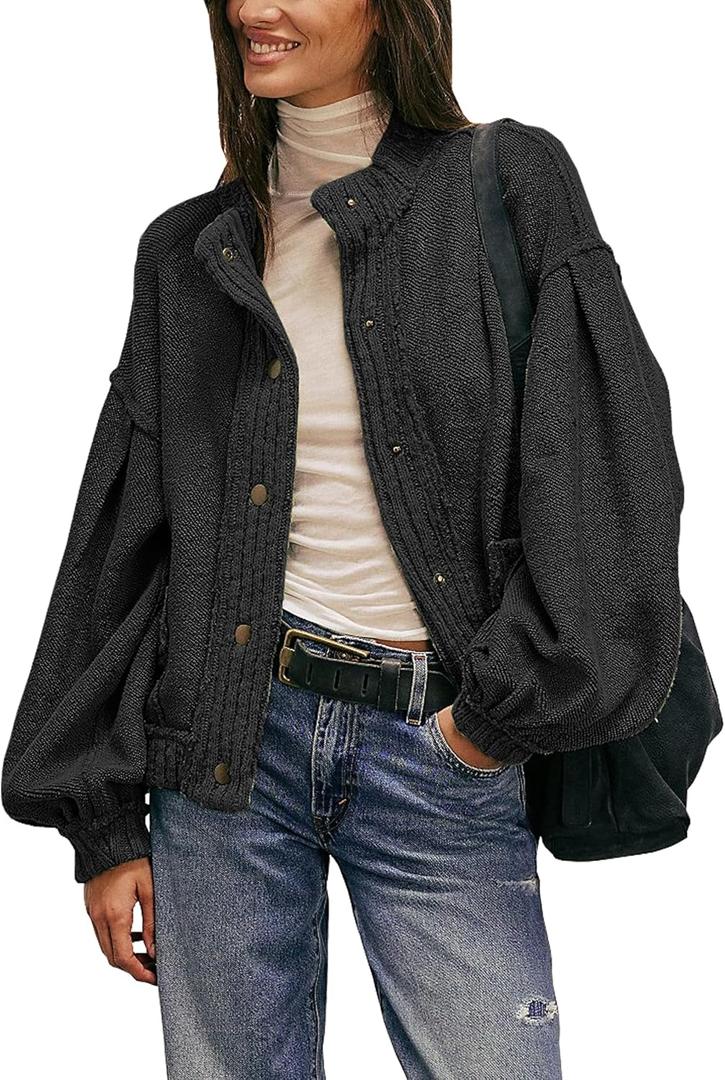 Cardigan Jacket for Women Loose Fit Ribbed Knit Trim Casual Jacket Shacket with Pockets (Large, Black)