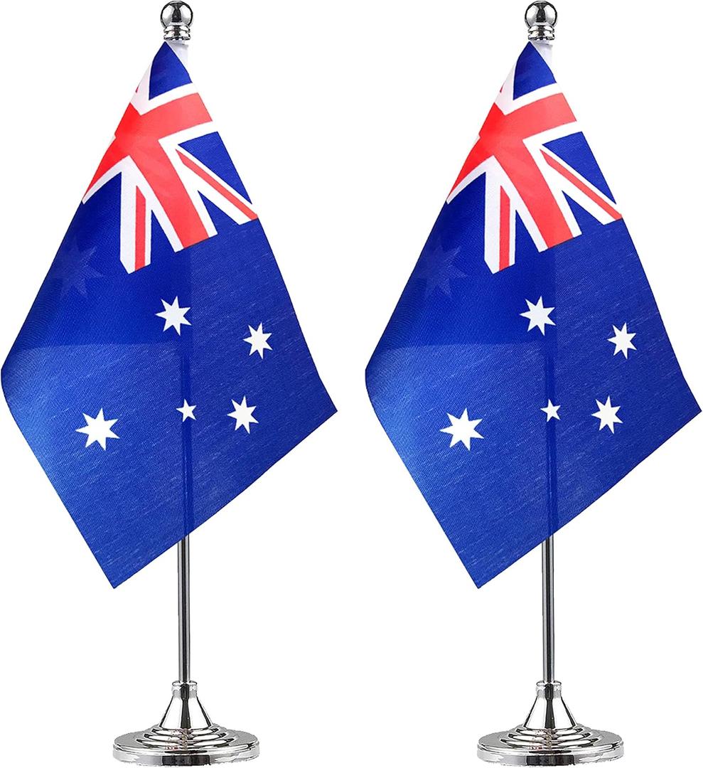 2 x WXTWK 2 Pack Australia Flag Australian Desk Flag Small Mini Australian Table Flags With Stand Base,Home Office Festival Events Celebration Decorations