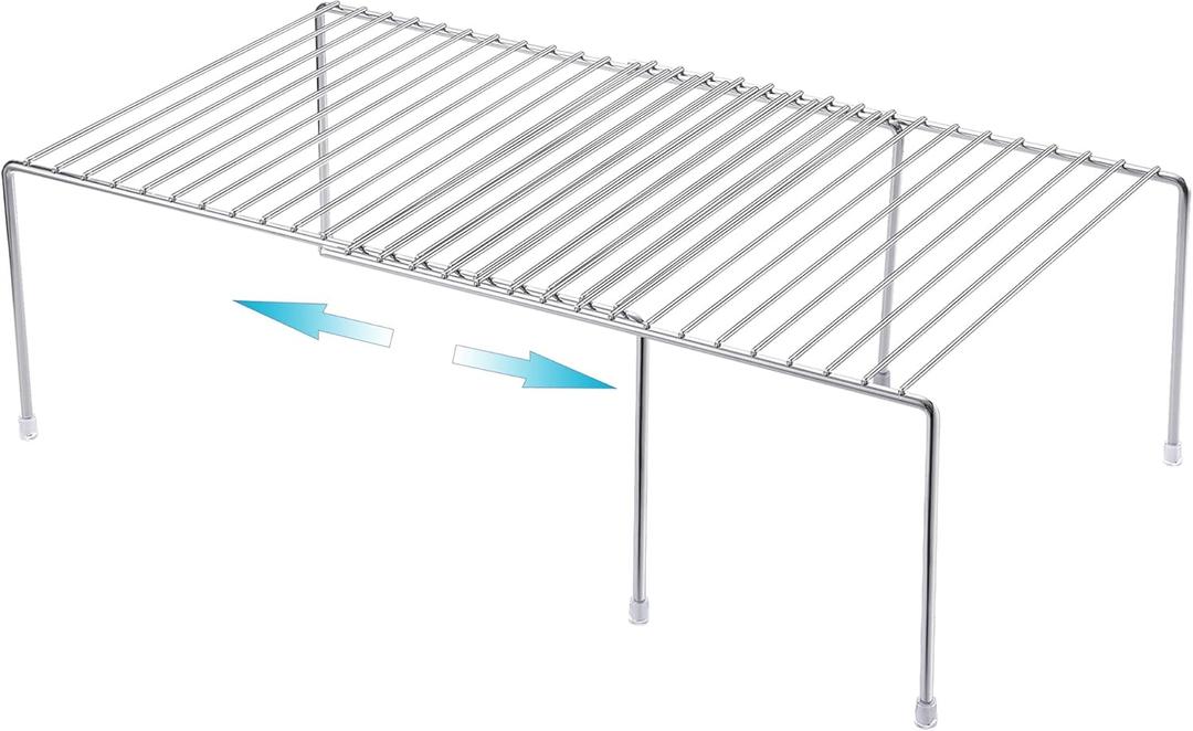 iPEGTOP Expandable Kitchen Cupboard Organiser, 2-Piece Adjustable Freezer Cabinet Storage Wire Shelf Rack Rustproof Metal Shelves Space Saver for Countertop Pantry Drawer Utensils (Chrome)
