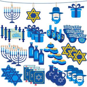 36 Pieces Hanukkah Ornaments Happy Hanukkah Wood Sign Jewish Hanukkah Decorations Star of David Ornament Menorah Ornament Dreidel Hanging Decoration Hanukkah Tree Decorations for Wall Gifts Holiday
