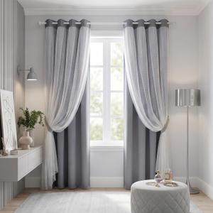 MYSKY HOME 65% Blackout Curtains for Girls Bedroom & Nursery Kids Grey Cute Curtains Double Layer with Polka Dots Sheer, Grommet Tops, 52x95 Inch Each Panel, 2 Panels