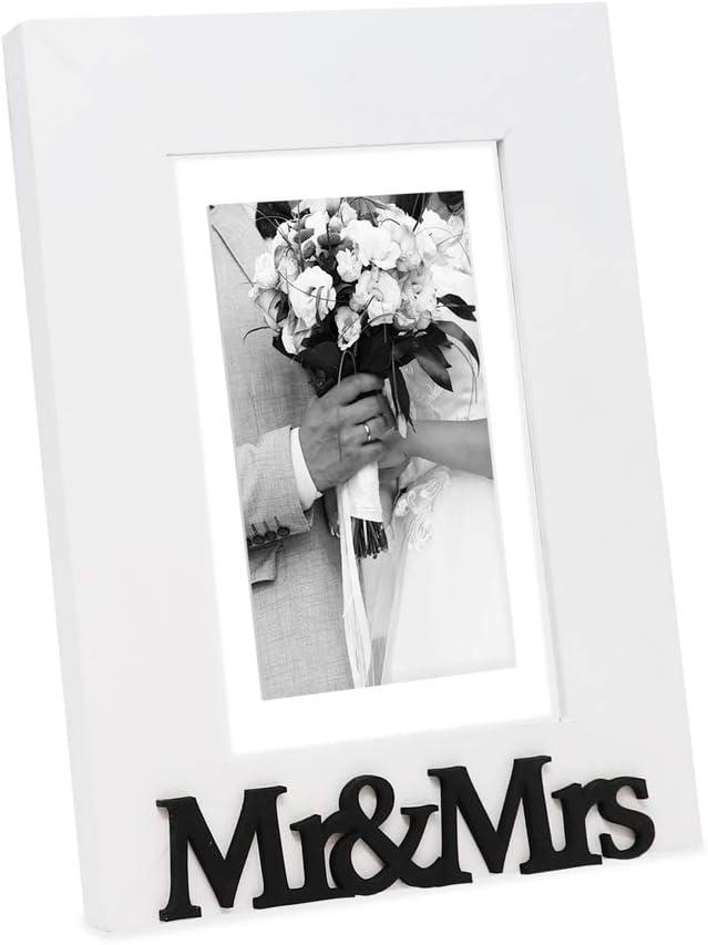 Isaac Jacobs White Wood Sentiments Mr & Mrs Picture Frame, 5x7 inch with Mat, Newlywed Photo Gift for Wedding, Display on Tabletop, Desk (White, 5x7 (Matted 4x6))
