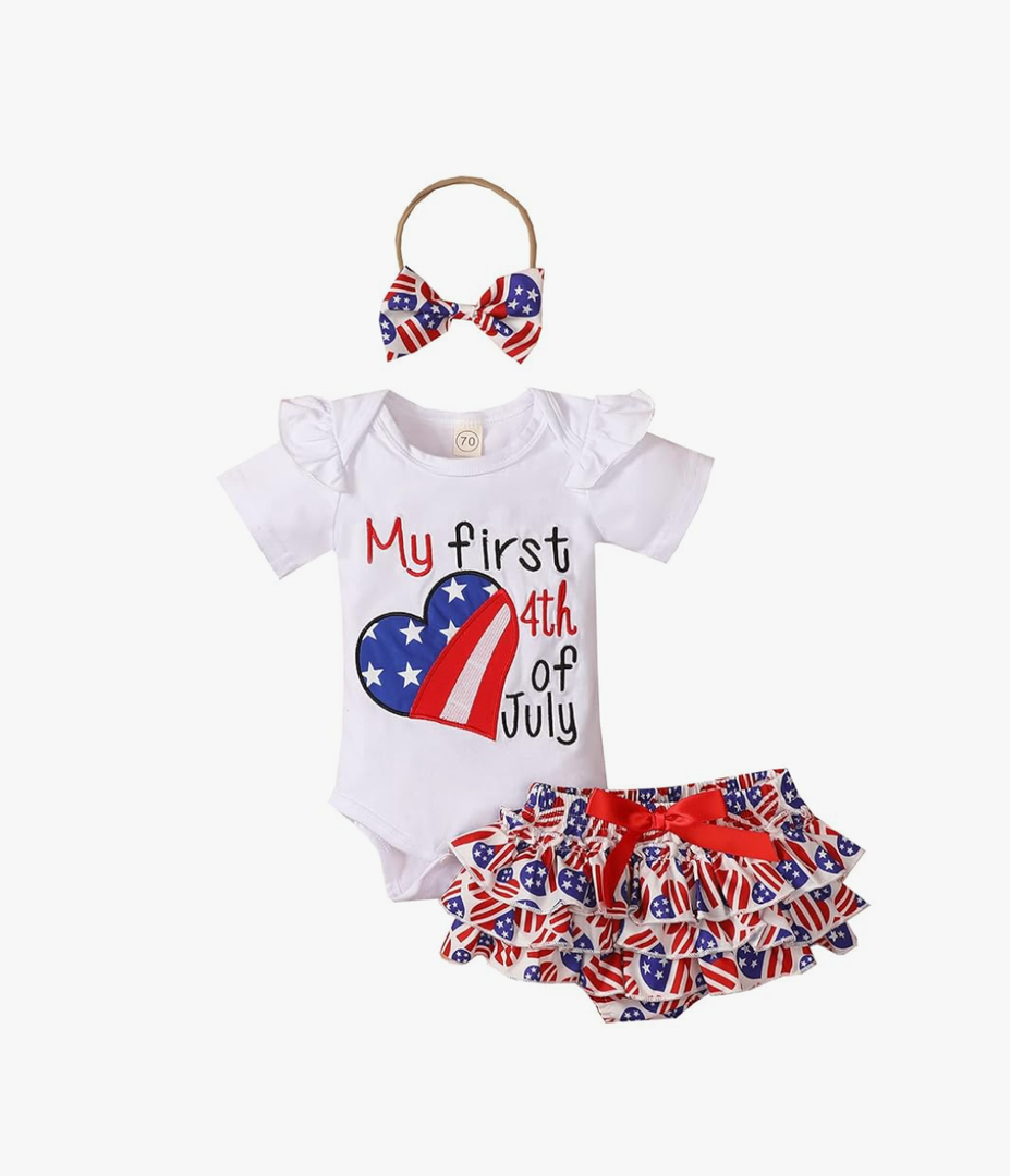 My First 4th of July Newborn Baby Girl American Flag Print Romper Star Shorts with Headband Outfits Sets, 0-3M