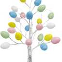 Easter Decorations,Pre-Lit Artificial Easter Egg Tree with LED Lights,2FT Lighted Birch Tree,Light up Tree Lamp for Spring Holiday Tabletop Decor