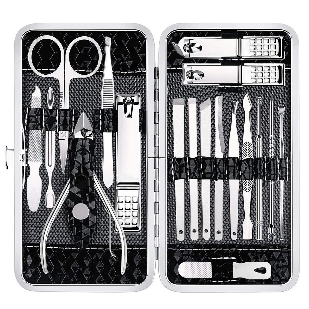 Yougai Nail Clippers Set - 18 Pcs Professional Manicure Pedicure Kit for Men Women, Stainless Steel Fingernail Toenail Clippers Cutters, Nail Care Grooming Tools with Leather Travel Case (Black)
