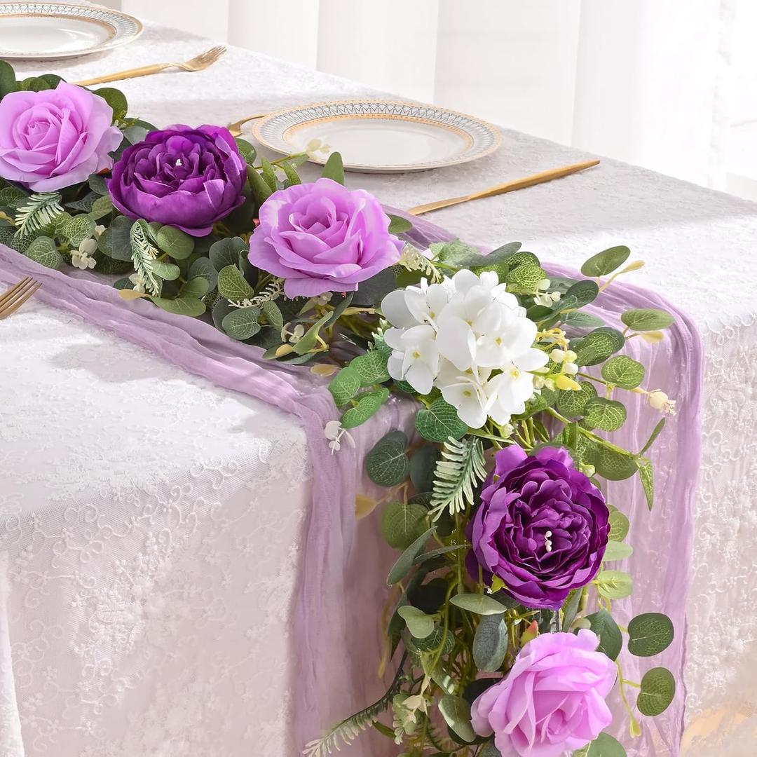 Livole 6FT Artificial Flower Garland Real Touch Fake Purple Floral Rose Peony Garland with Eucalyptus Flower Hanging Vine for Wedding Table Centerpieces Backdrop Party Arch Home Decorations