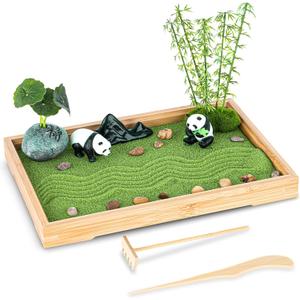 Zen Garden Kit for Desk 11''x7.5'' Room Decor with Green Sand, Panda Decorative Ornaments, Haystack, Ceramic Mountain, Stones and Rakes (Panda Bamboo)