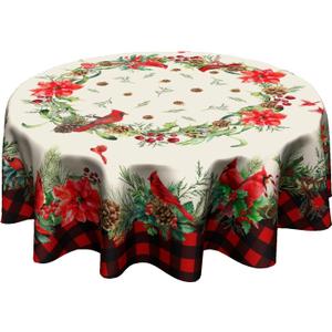 Giwawa Red Birds Floral Tablecloth Round 60 Inch Buffalo Plaid Decorative Water Resistant Table Cloth Cover for Dining Room Kitchen Holiday Party