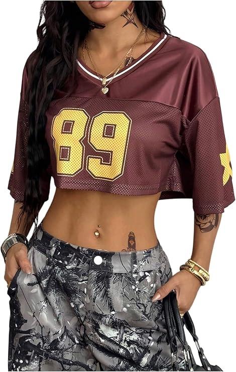 SOLY HUX Jersey Shirts for Women Y2k Crop Tops Streetwear Sportswear Short Sleeve T-Shirt Cute Football Jersey Top, Medium