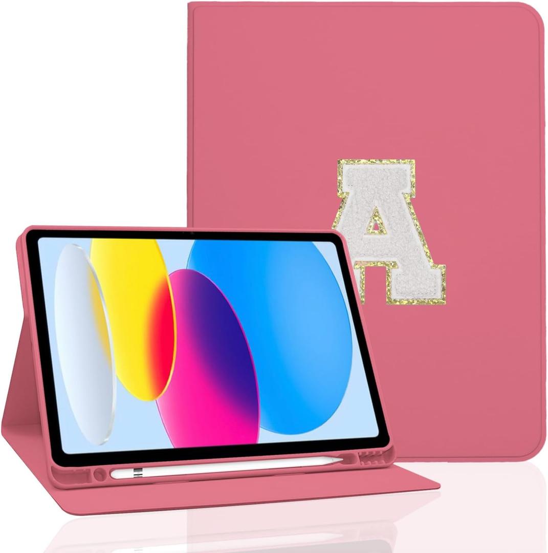 TopPerfekt for iPad 9th Generation 10.2 Inch 2021/ 2020/ 2019 Case, Initial Chenille Letter Suture, Personalized for iPad 9th/ 8th/ 7th Generation Case with Auto Sleep/ Wake, Pencil Holder (Rose Red, A)