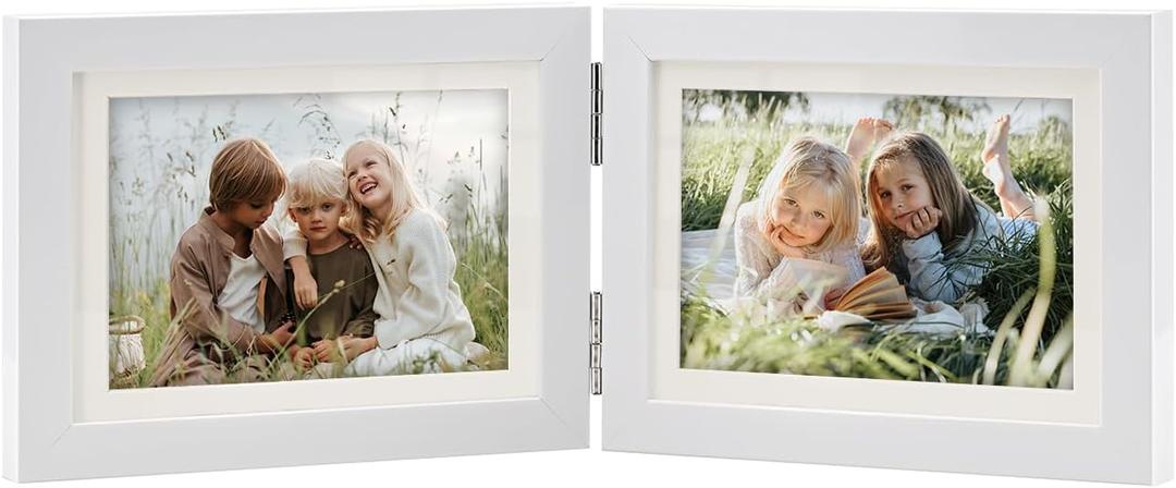 Hinged Double 5x7 Picture Frame, Tempered Glass, for Tabletop Display or Wall Mounted, Fits 4x6 Photos with Mat, Matte White, For Family Photos & Wedding Memories-B75X2