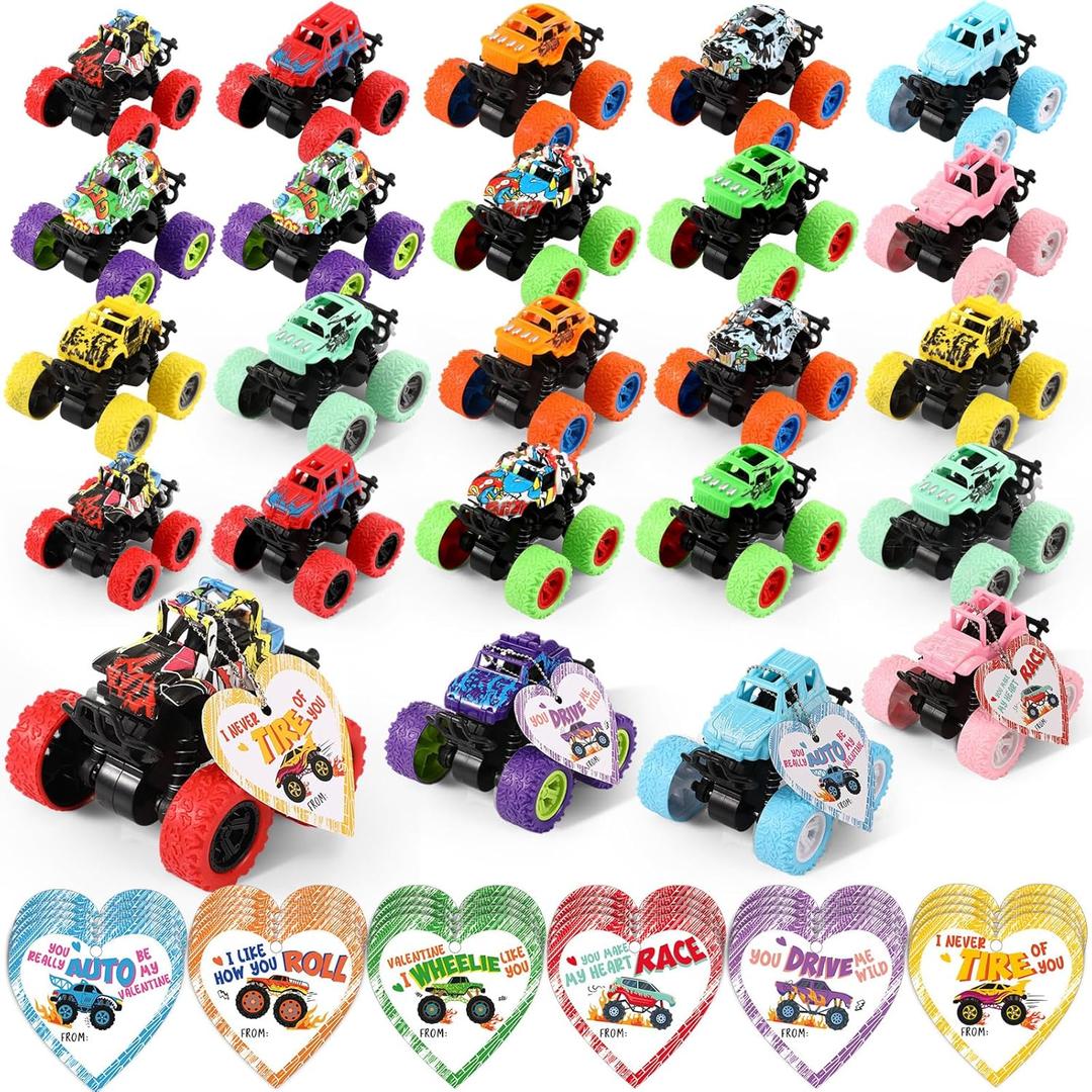 Hanaive 24 Set Valentines Day Monster Trucks and Cards Gift Bulk for Kids, 24 Pcs Valentines Day Die Cast Racing Cars 24 Pcs Valentine Cards Party Favors Set Students Classroom Exchange Prize Gifts
