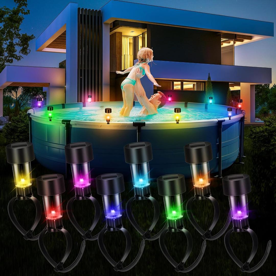 8 Pcs Pool Solar Lights for Framed Above Ground Pools Waterproof Solar Light Outdoor Swimming Pool Fence Decorations Pool Accessories Colorful Light Night Lights