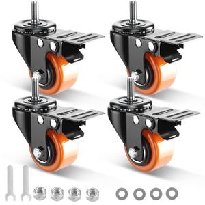 2 Inch Caster Wheels, Threaded Stem Casters Set of 4 Heavy Duty, 1/2"-13 x 1 (Screw Diameter 1/2", Stem Length 1"), Safety Dual Locking Industrial Castors, Wheels for Cart, Furniture