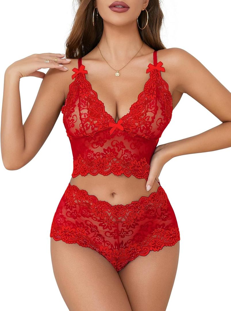 Lilosy Sexy Lace Pajamas Lingerie Set High Waist Sheer Sleepwear Bow Ties Cami Shorts Bra and Panty (Medium, Solid Red)
